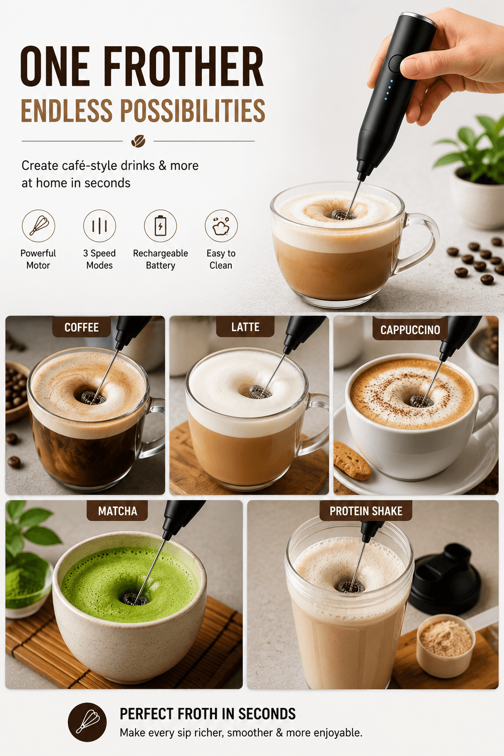 Rechargeable Milk Frother and Beater with USB Type-C Charging | 3 Speed Electric Handheld Coffee Frother | Stainless Steel Whisk for Coffee, Latte, Cappuccino, Matcha & Protein Shake | Portable Foam Maker 5